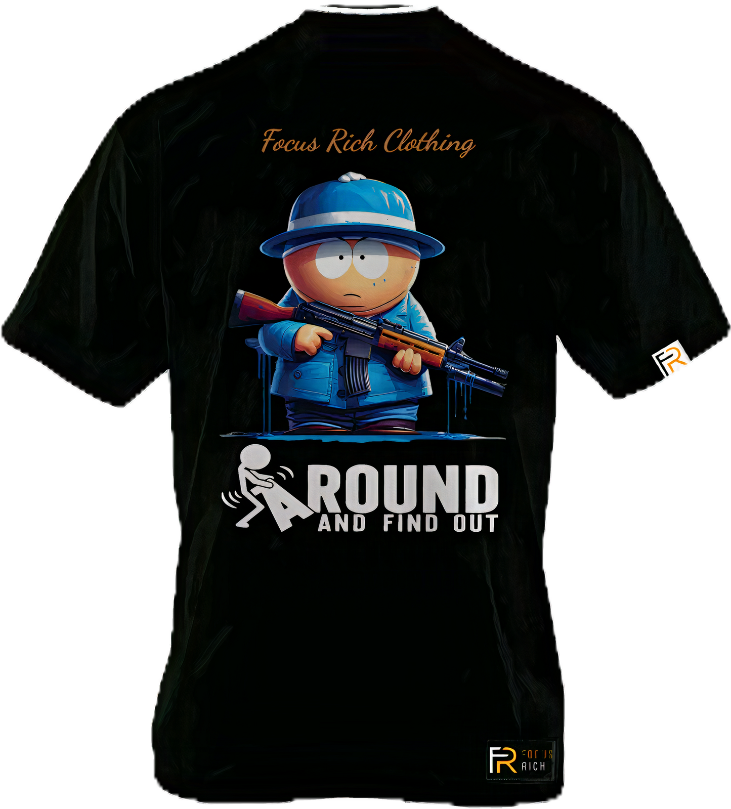 Black Cartman FAFO t-shirt from South Park x Focus Rich Clothing collab with gun graphic and oversized streetwear fit